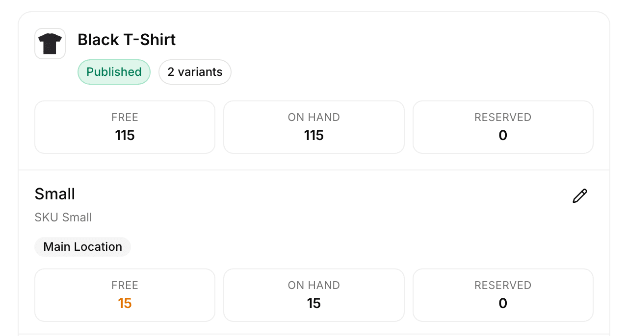 Stoify inventory interface showing stock levels across multiple locations