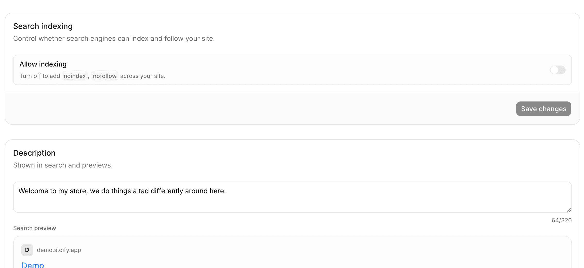 Stoify SEO control settings